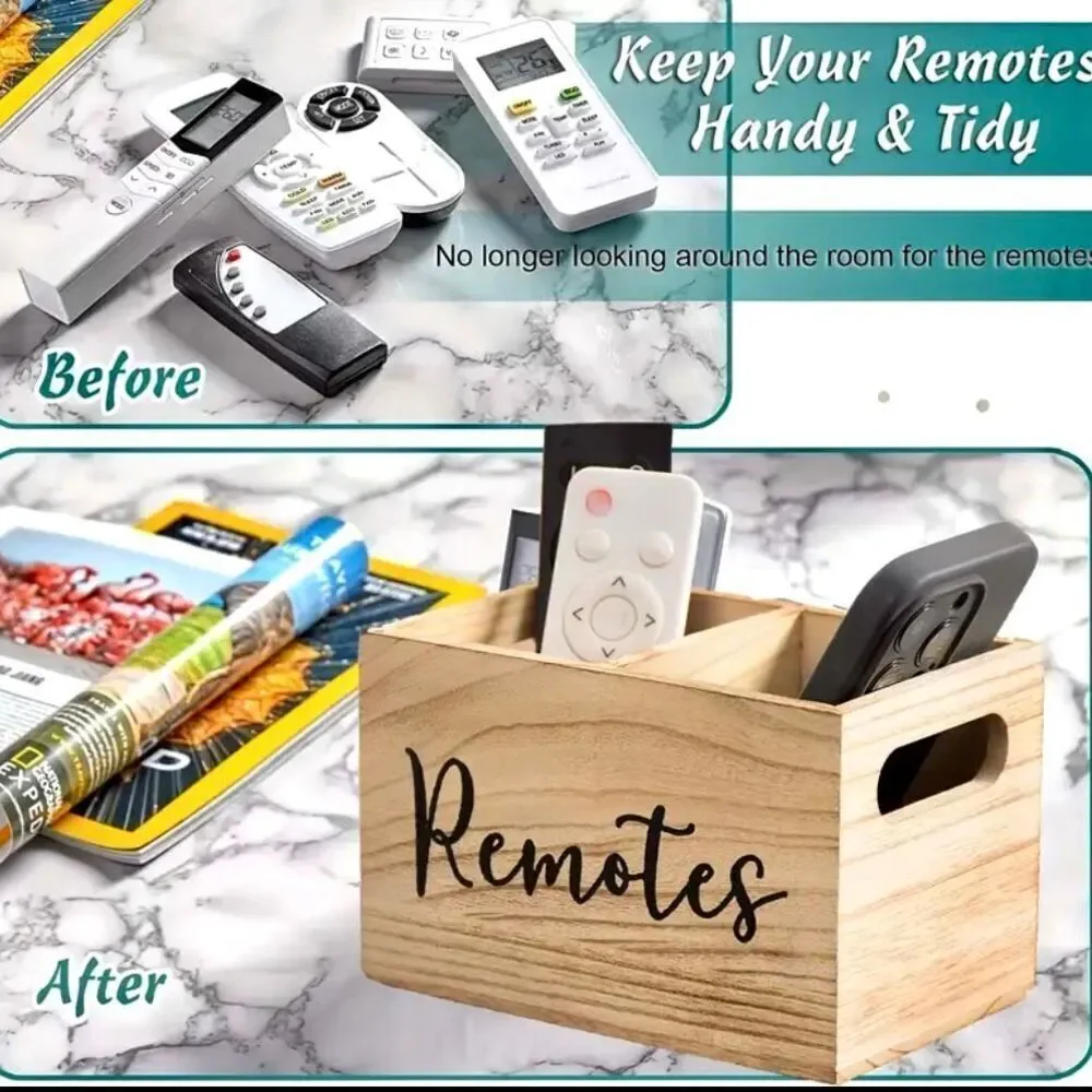 NWT Farmhouse Black Wood Remotes Graphic 2 Slots Minimalist Holder Organizer
